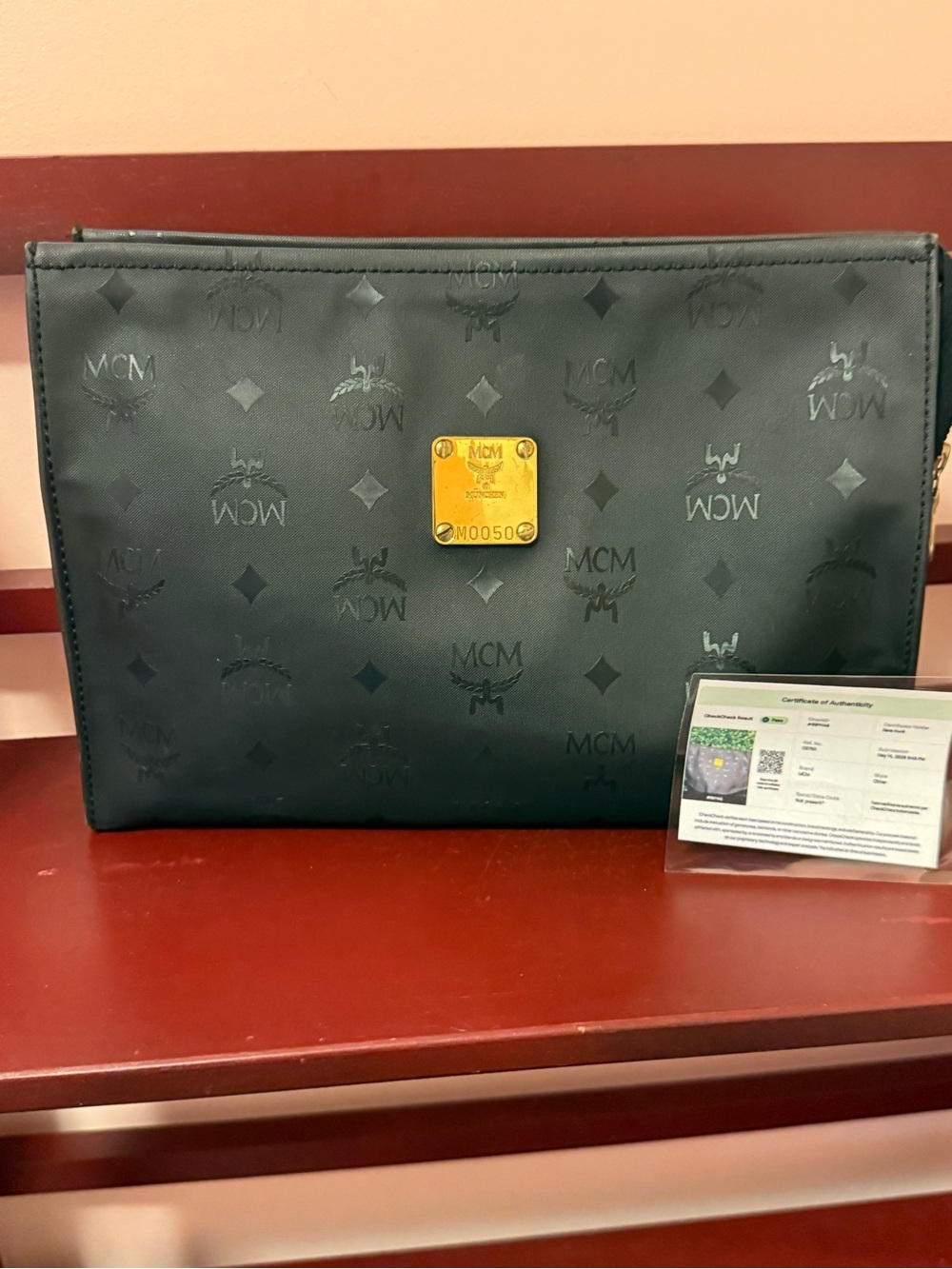 MCM Black Logo-Embossed Leather Clutch/Pouch with Gold Plaque